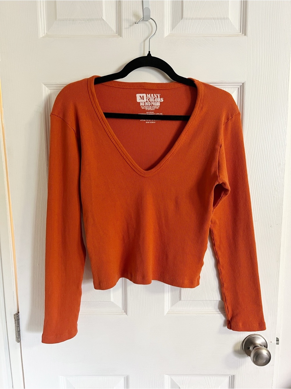 Big Bud Press Ribbed V-Neck Long Sleeve Top in Orange